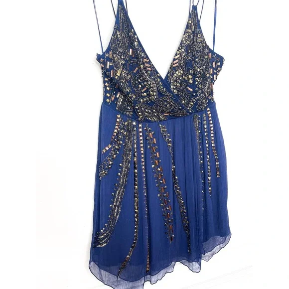 Free People Cassiopeia Navy Beaded Embellished Party Dress Size 0
